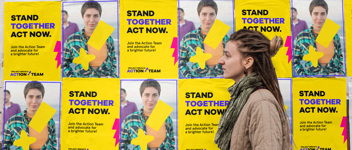 Girl walks in front of a series of wheat paste posters that say "Join the Action Team"