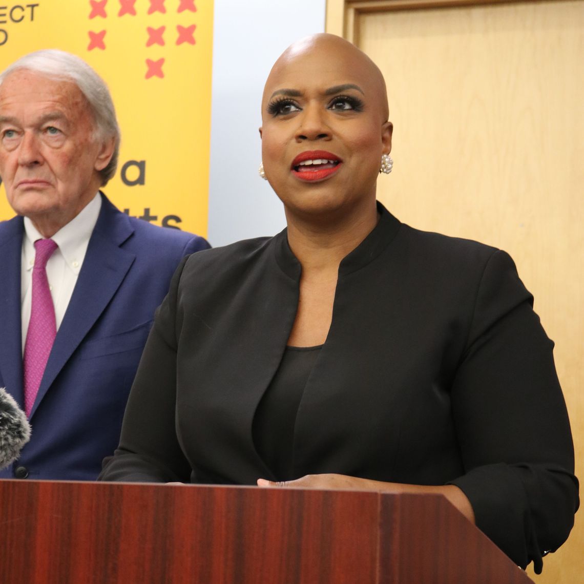 Congresswoman Ayanna Pressley speaks at a press conference at Project Bread's office.