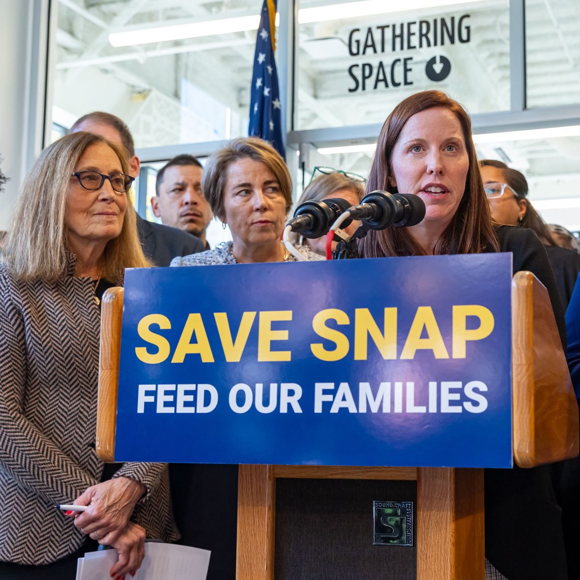 Erin McAleer, President and CEO of Project Bread, speaks at a press conference at Nubian Markets.