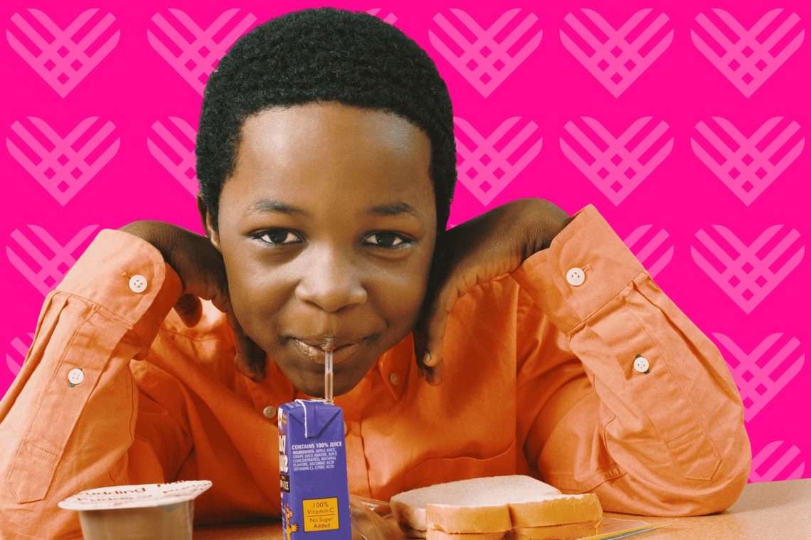 Girl drinking milk and flexing over a background of giving tuesday hearts